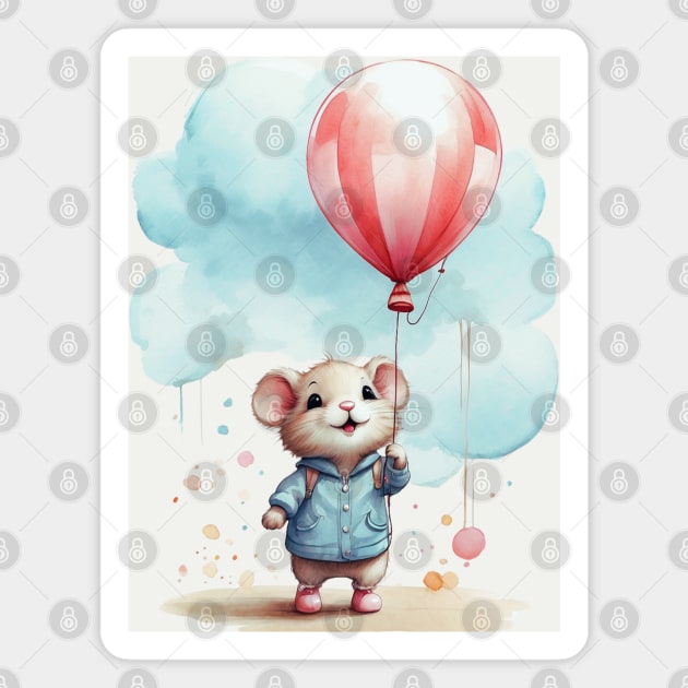 cute little mouse holding balloon in the cloudy sky Magnet by A&A